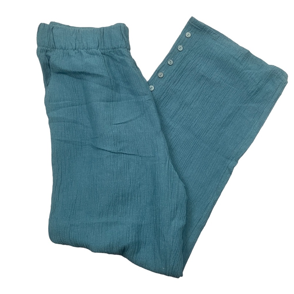 Soft Surroundings Medium Blue Pull On Elastic Waist Ankle Button Accent Wide Leg